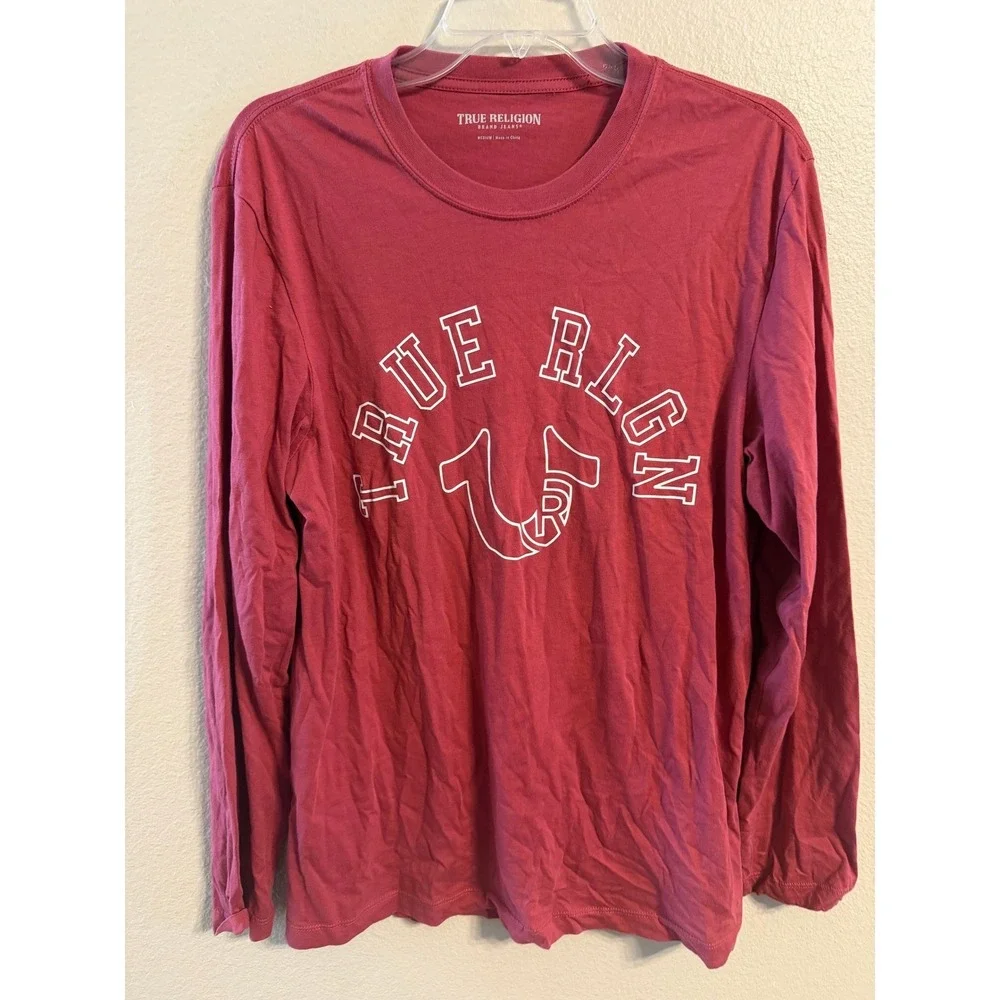 True Religion Long Sleeve Shirt Mens Medium Red Excellent Graphic Horseshoe Logo